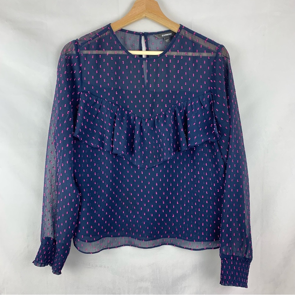 EXPRESS Swiss Dot Blouse Blue Pink Ruffle Sz Med Career Office Twee Whimsy Fem